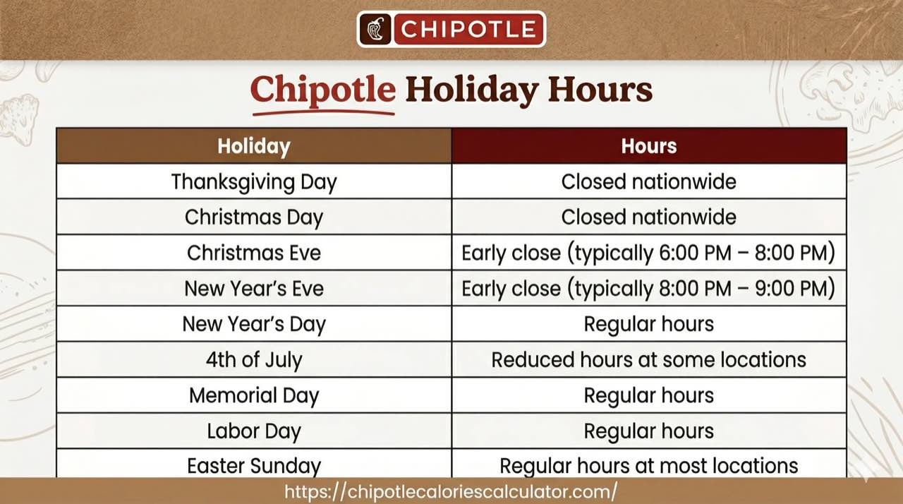 Chipotle holiday hours schedule and closures